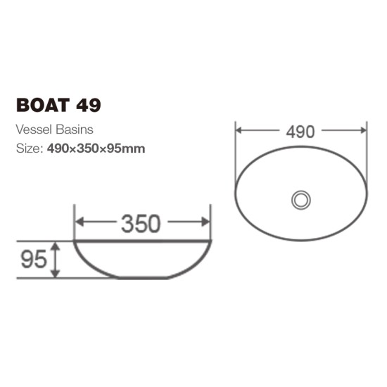 490*350*95mm Bathroom Oval Above Counter Gloss White Ceramic Wash Vessel Basin